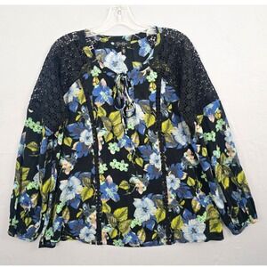 Jessica Simpson Floral Print Lace Shoulder Tie Neck Top  Black Multicolor M